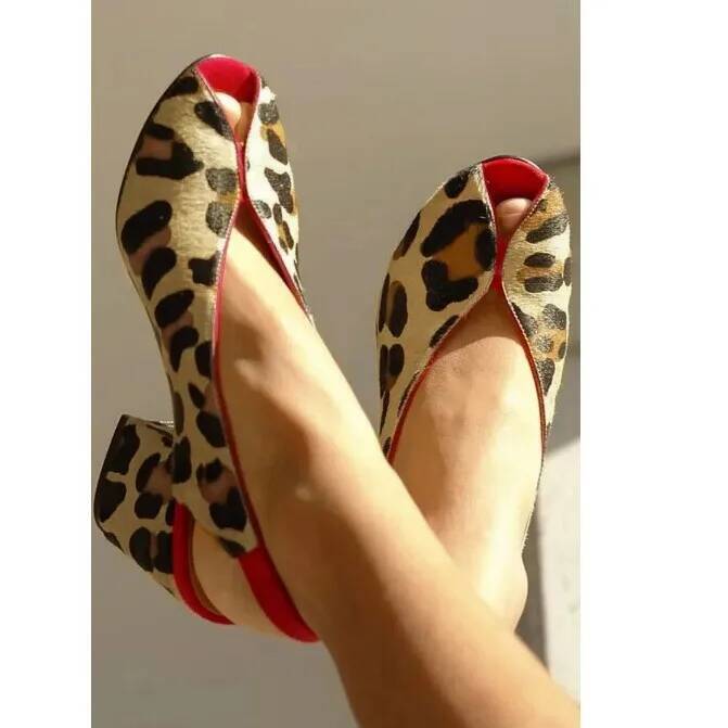 Men Shoes Office - Leopar Desenli Peep Toe Slingback Kadın