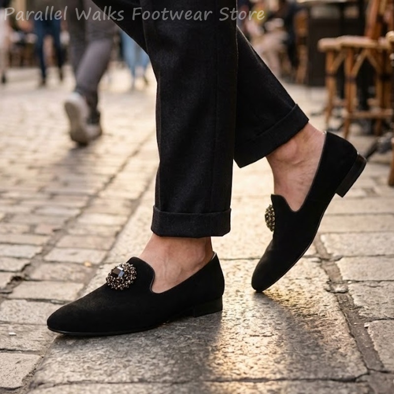 Men Shoes For Wedding - Erkek Süet Loafer'lar Kristal Taşlı Süsleme