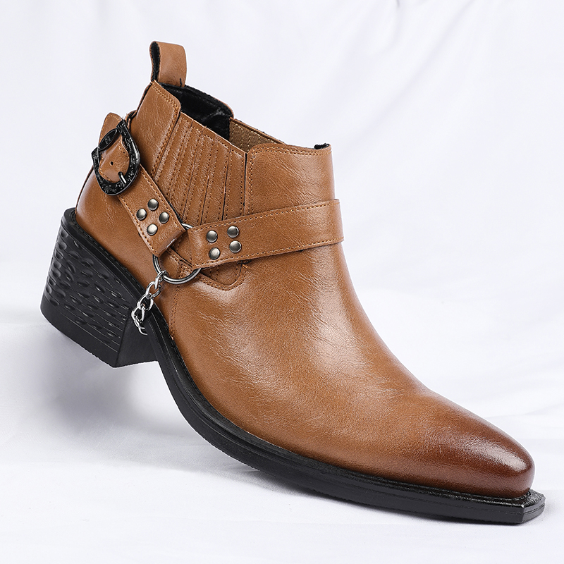 Men Shoes For Wedding - Yeni Kahverengi/Siyah İnek Derisi Botlar Metal