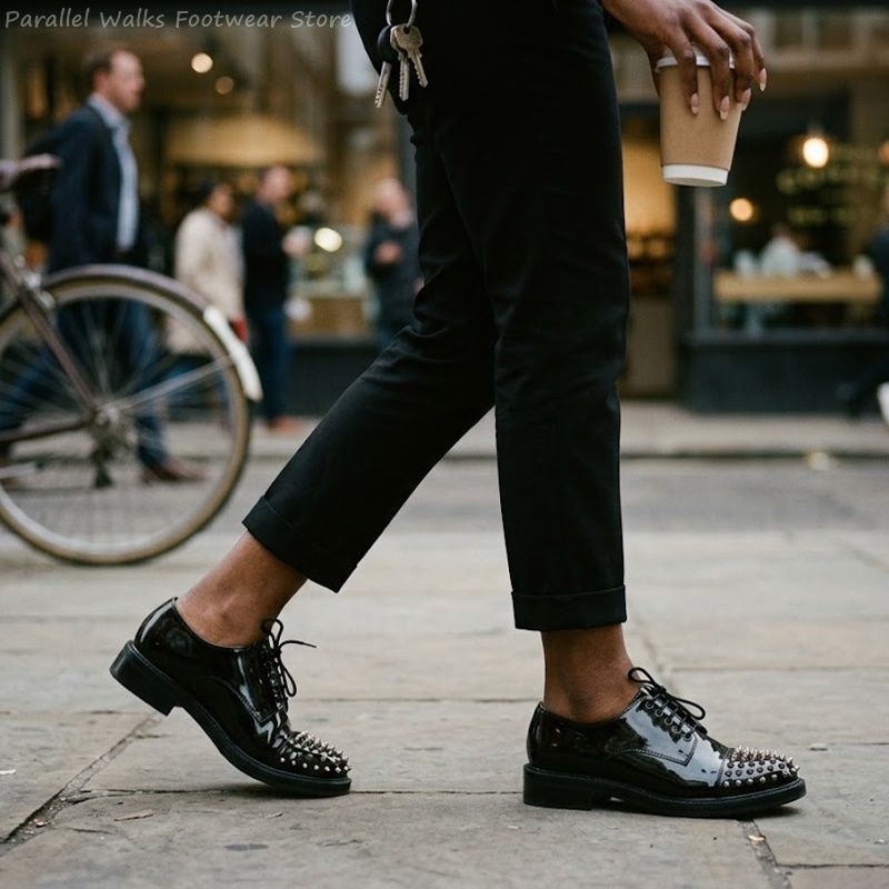 Men Shoes For Wedding - Patent Deri Metalik Çivili Bağcıklı İş